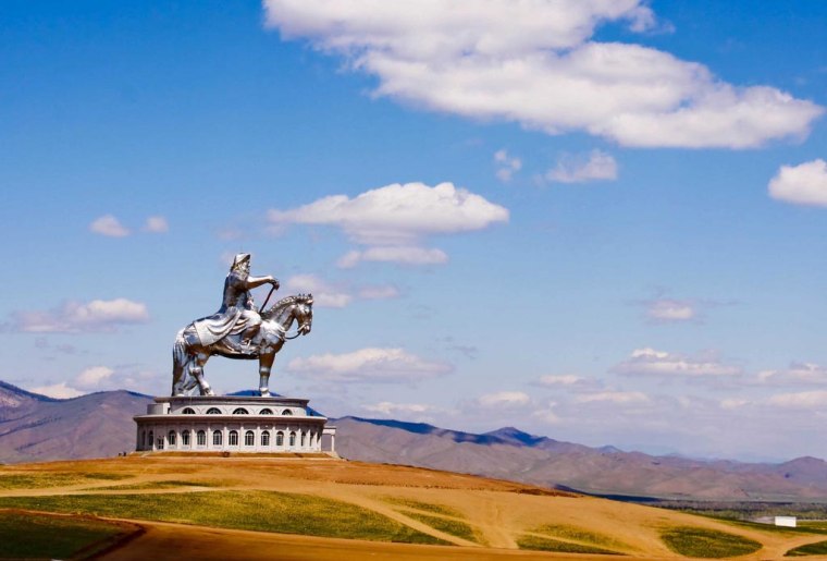 The giant 131-foot-tall, 250-ton stainless steel Genghis Khan Equestrian Statue, in Tsonjin Boldog, Mongolia commemorates the infamous founder of the Mongolian Empire, known locally as Chinggis Khaan.